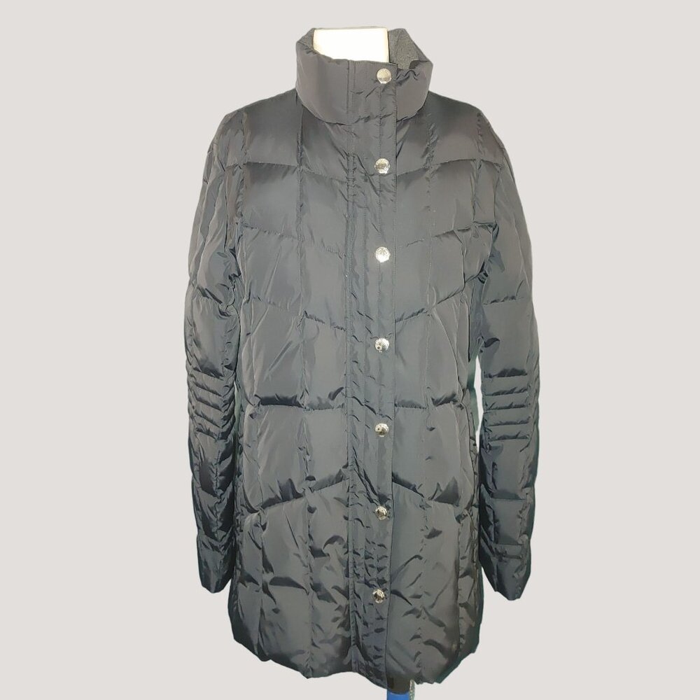 Brooks Brothers 346 Womens Black Quilted Down Puffer Jacket Size L Button Zip
